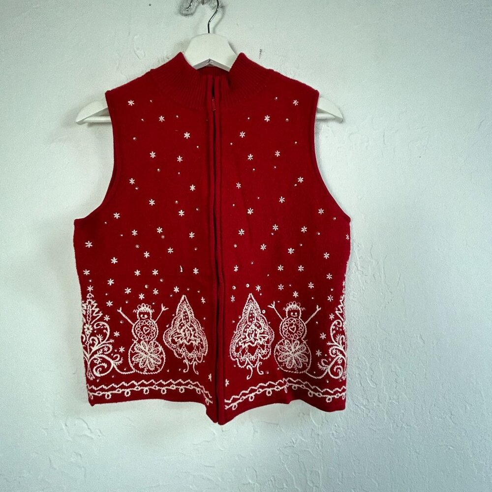 Talbots Women Red Holiday Sweater Vest Snowman Christmas Zip Front Medium Petite